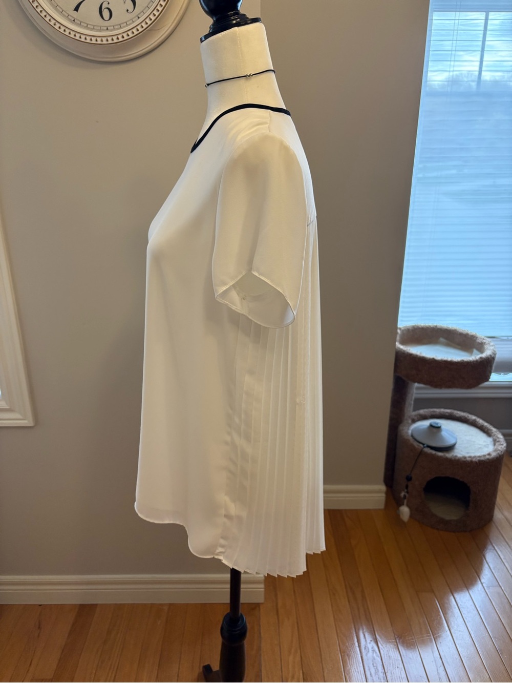Ivory Pleated-Back Blouse with Black Trim